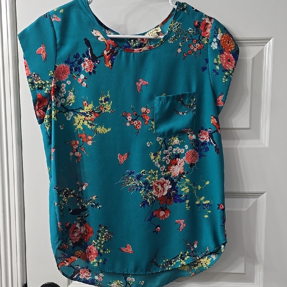 Floral Teal Blouse with Pocket